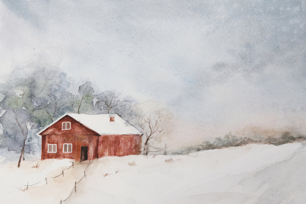 Snowy Barn - Original Watercolor Painting – Easy Sunday Club